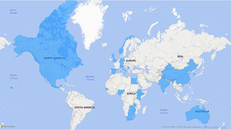 World map with countries of registrants highlighted in blue.